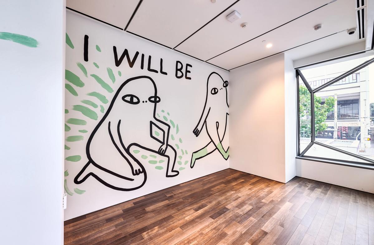 A detail of the vinyl wall installation I was, I am, I will be (2020), by Chanel Miller ©Asian Art Museum