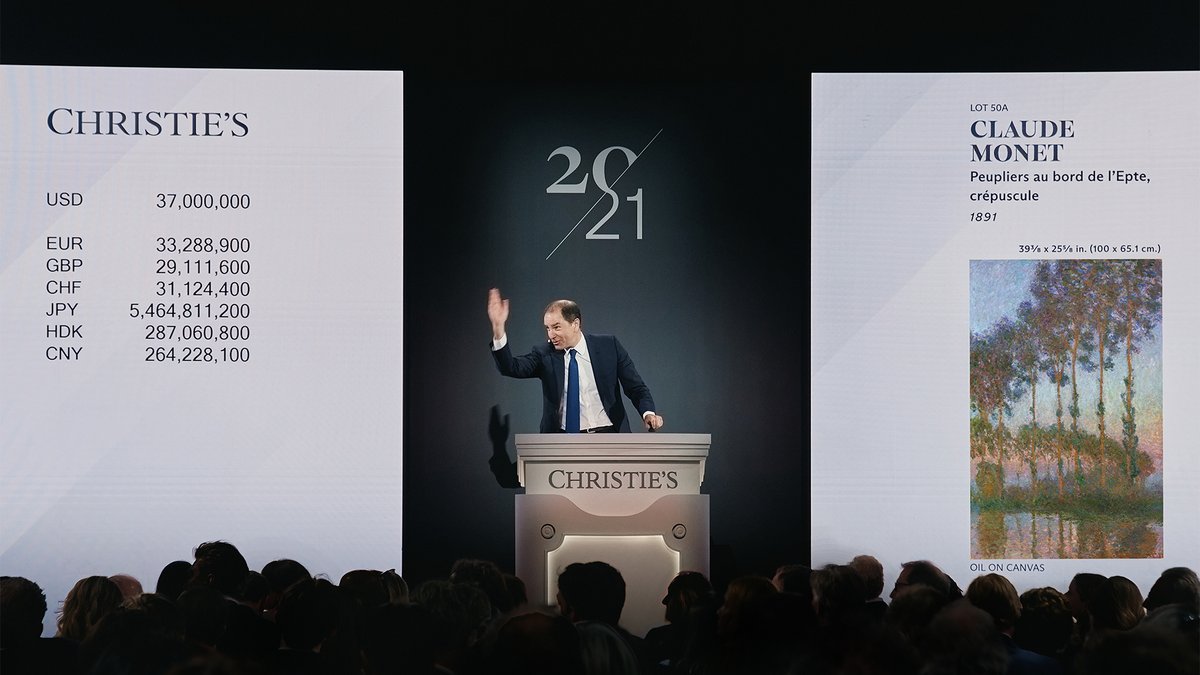 Adrien Meyer sells the top lot of Christie's 20th-century evening sale, Monet’s Peupliers au bord de l’Epte, crépuscule (1891) for $37m ($43m with fees) © Christie's