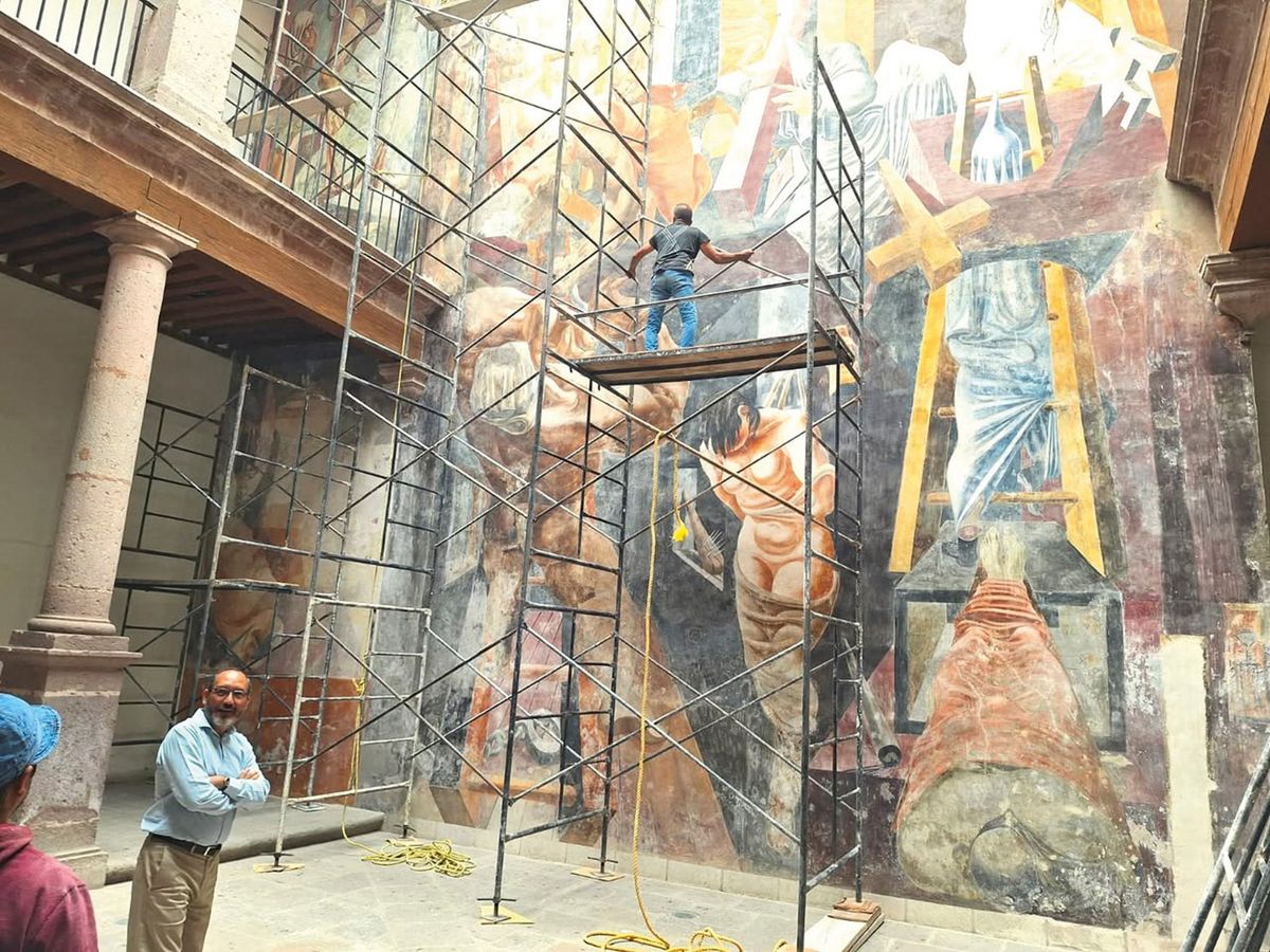 “A work of staggering complexity”: restoration of the 1,024 sq. ft Mexican mural in progress last year Courtesy Museo Regional Michoacano, Morelia