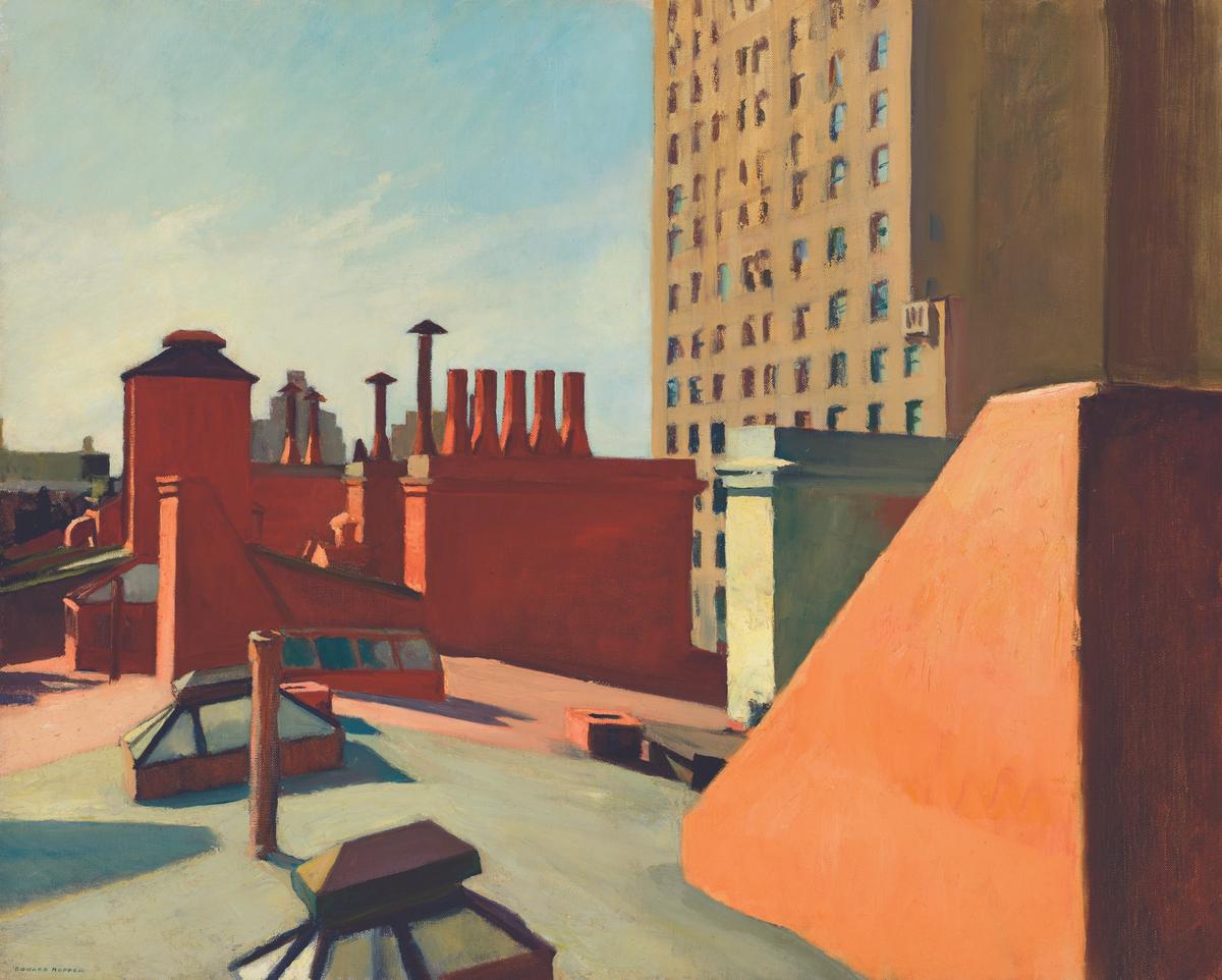 Edward Hopper’s City Roofs (1932), one of the artist’s many paintings that reveal another side to New York. The Whitney Museum of American Art’s exhibition includes a large number of his best known urban paintings alongside rarely seen works and personal ephemera
Digital Image © Whitney Museum of American Art