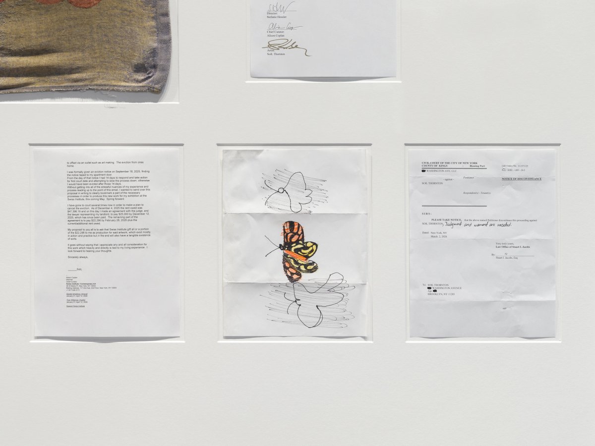 Part of SoiL Thornton’s evict relief (2026), which chronicles the artist’s costly and complex struggle to avoid eviction from their New York home Dan Bradica Studio.