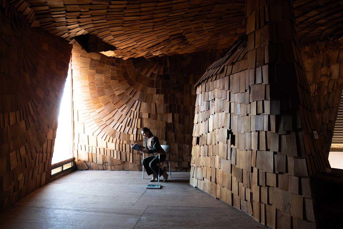 No straight lines, circles or squares: the cedar shingle-clad interior of the Prairie House Photo: Joseph Mills