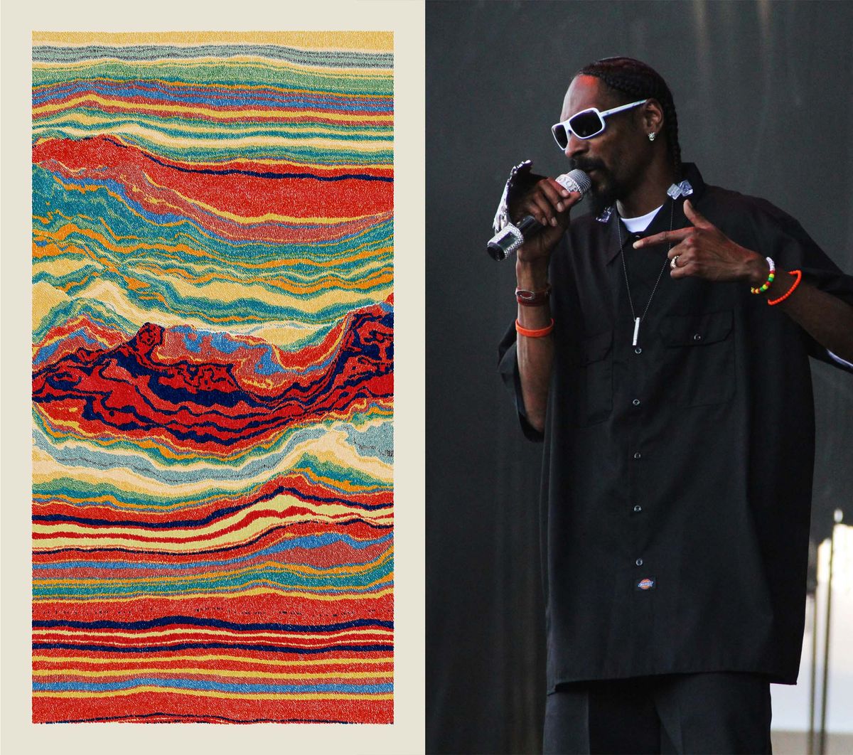 Left: Matt DesLauriers, Meridian #547, 2021, .JPG delivered as an NFT, Los Angeles County Museum of Art, gift of The Cozomo de' Medici Collection. Right: Snoop Dogg, who may be Cozomo de' Medici, performing at the Osheaga Festival in Montreal, Québec. NFT image: © Matt DesLauriers, image courtesy of the artist. Snoop Dogg photo: tkaravou, via Wikimedia Commons.