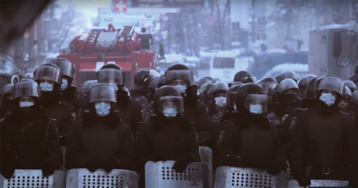 A still from a video of a performance work Kalari (2014) by Piotr Armianovski during a protest in Maidan. Courtesy of the artist; video: Volodymyr Usyk.