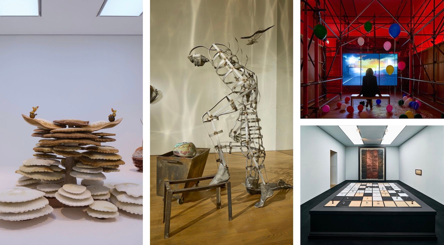 Marguerite Humeau's Torches, Kira Freije's Unspeak the Chorus, Simeon Barclay's The Ruin, and Tanoa Sasraku's Morale Patch installed as part of the Turner Prize 2026 exhibition at the Middlesbrough Institute of Art

Photo: David Levene