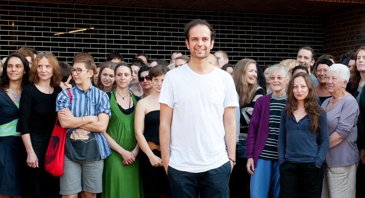 Tino Sehgal at Tate Modern with his interpreters for These associations, 2012 Photo: courtesy of Gabrielle Fonseca Johnson, Tate Photography 2012