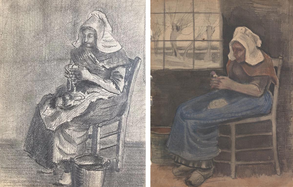 Catharina Cornelia Kam’s Woman peeling Potatoes (September 1881) on the left and Vincent van Gogh’s Woman peeling Potatoes (September 1881) on the right Credits: private collection (Kam family) and Kröller-Müller Museum, Otterlo