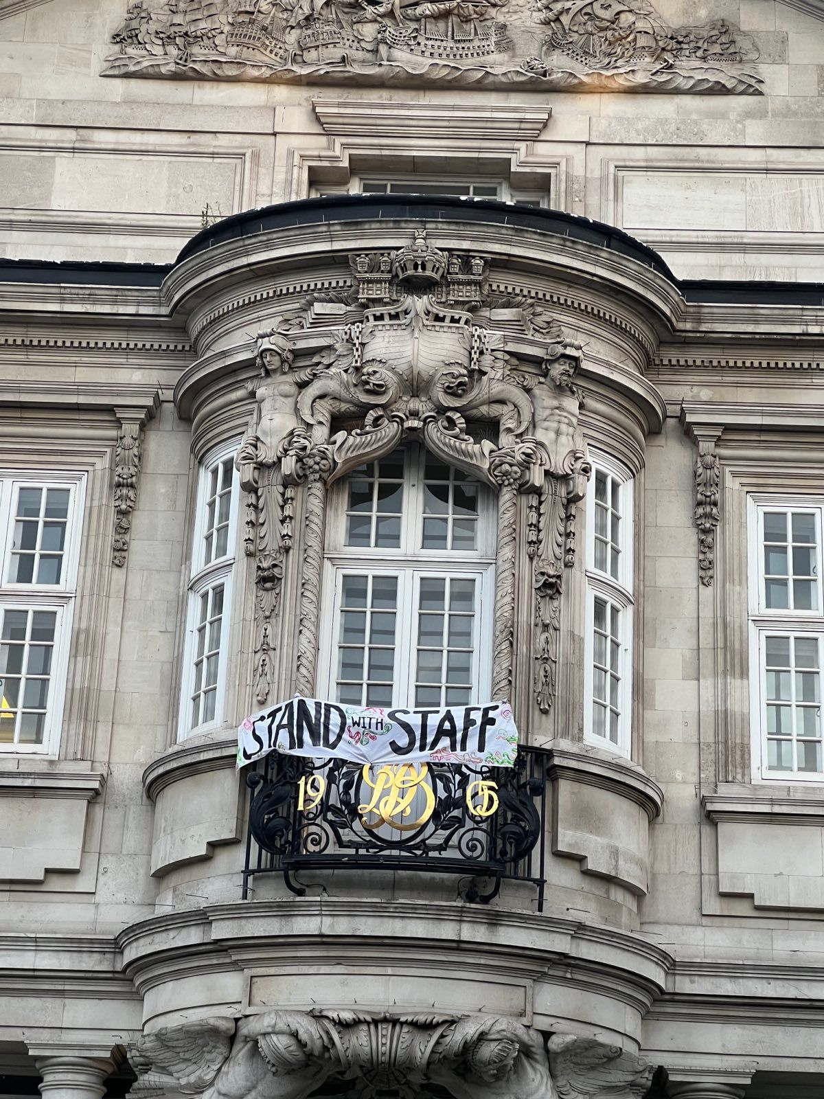 Protestors unfurled a banner at Deptford town hall reading “stand with staff” 

Courtesy Goldsmiths Stories, via X, formerly known as Twitter