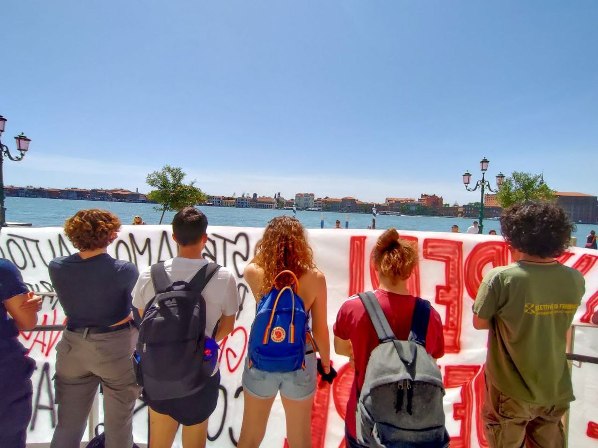 The activist group Global Project hung protest banners on the V-A-C Foundation building in Venice, which is owned by the Russian businessman Leonid Mikhelson Courtesy of Global Project/Twitter