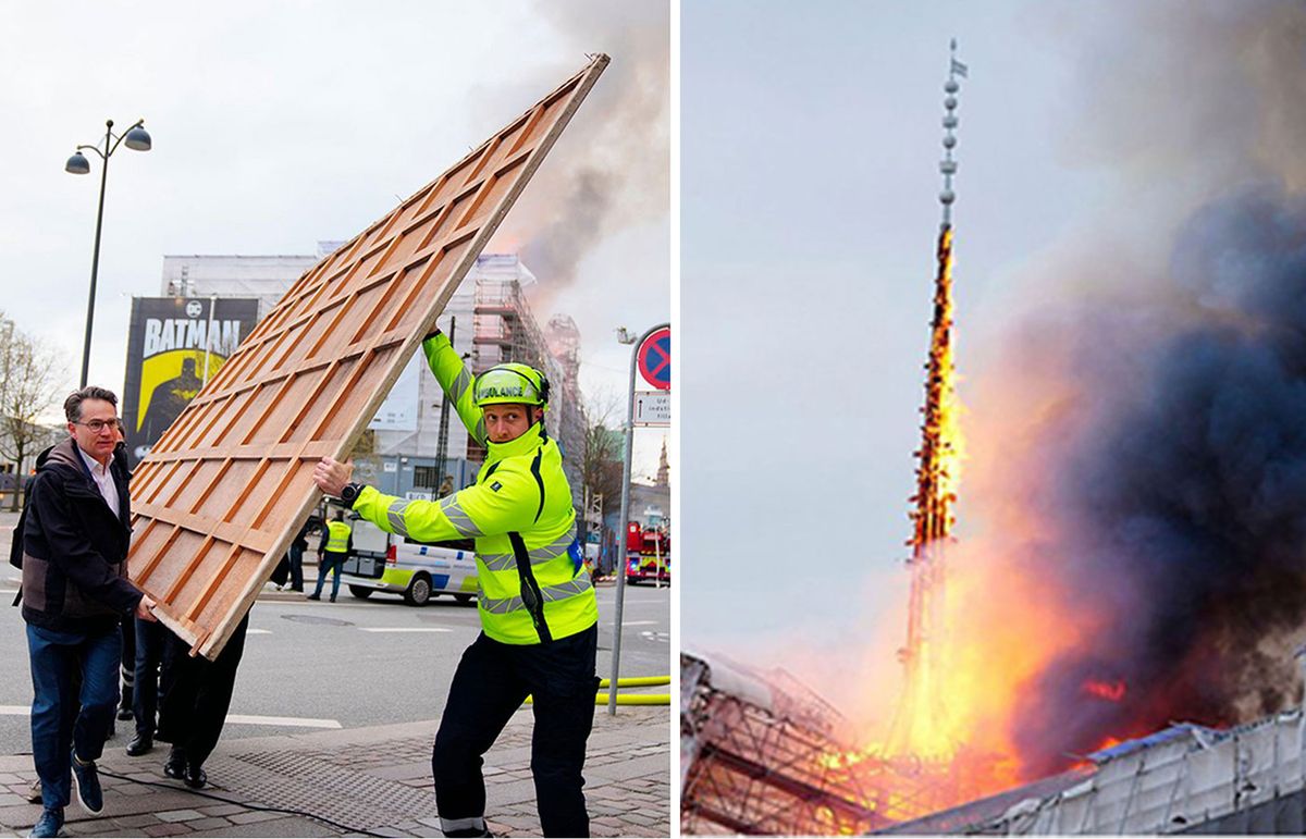 Passers-by and security staff help remove paintings from the blazing Boersen, in Copenhagen. The building's historic Dragon Spire was engulfed in flames (right) before crashing into the street below. Painting: Ritzau/Alamy Live News. Spire: Associated Press / Alamy Stock Photo