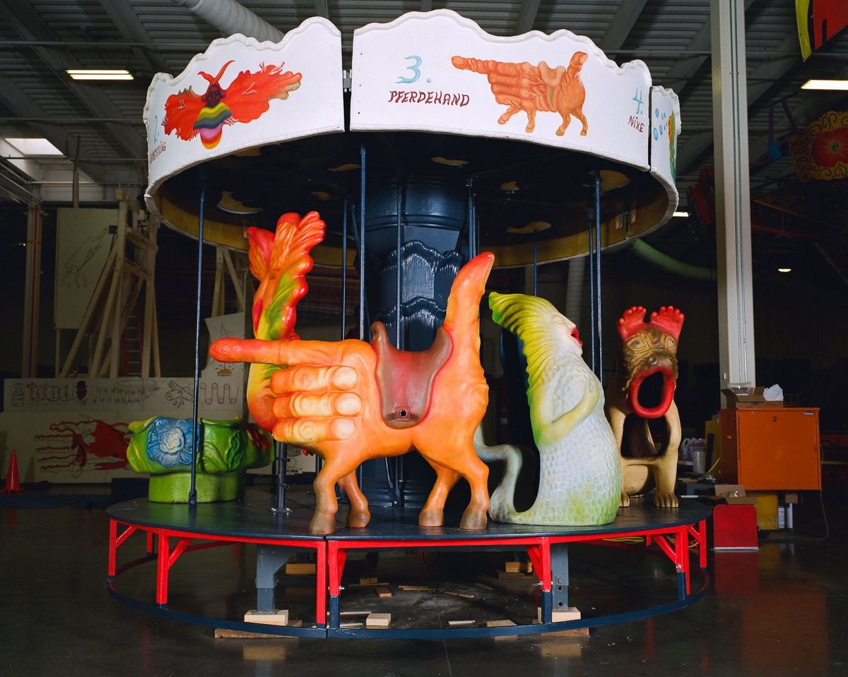 In-progress assembly of Arik Brauer’s Carousel (1987) at the Luna Luna warehouse, Los Angeles Photo: Courtesy Luna Luna