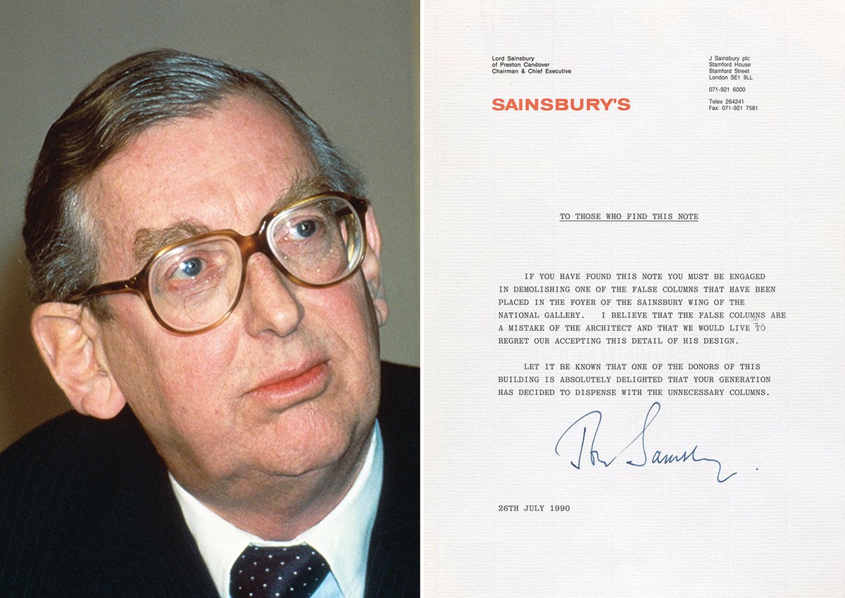 "To those who find this letter": In July 1990 John Sainsbury (Lord Sainsbury of Preston Candover) left a typed and signed note in one of the false columns during building work on the lobby of the new Sainsbury Wing of London's National Gallery Sainsbury: AP Photo/Ann Purkiss. Letter: Courtesy of the National Gallery and by permission of the Sainsbury family