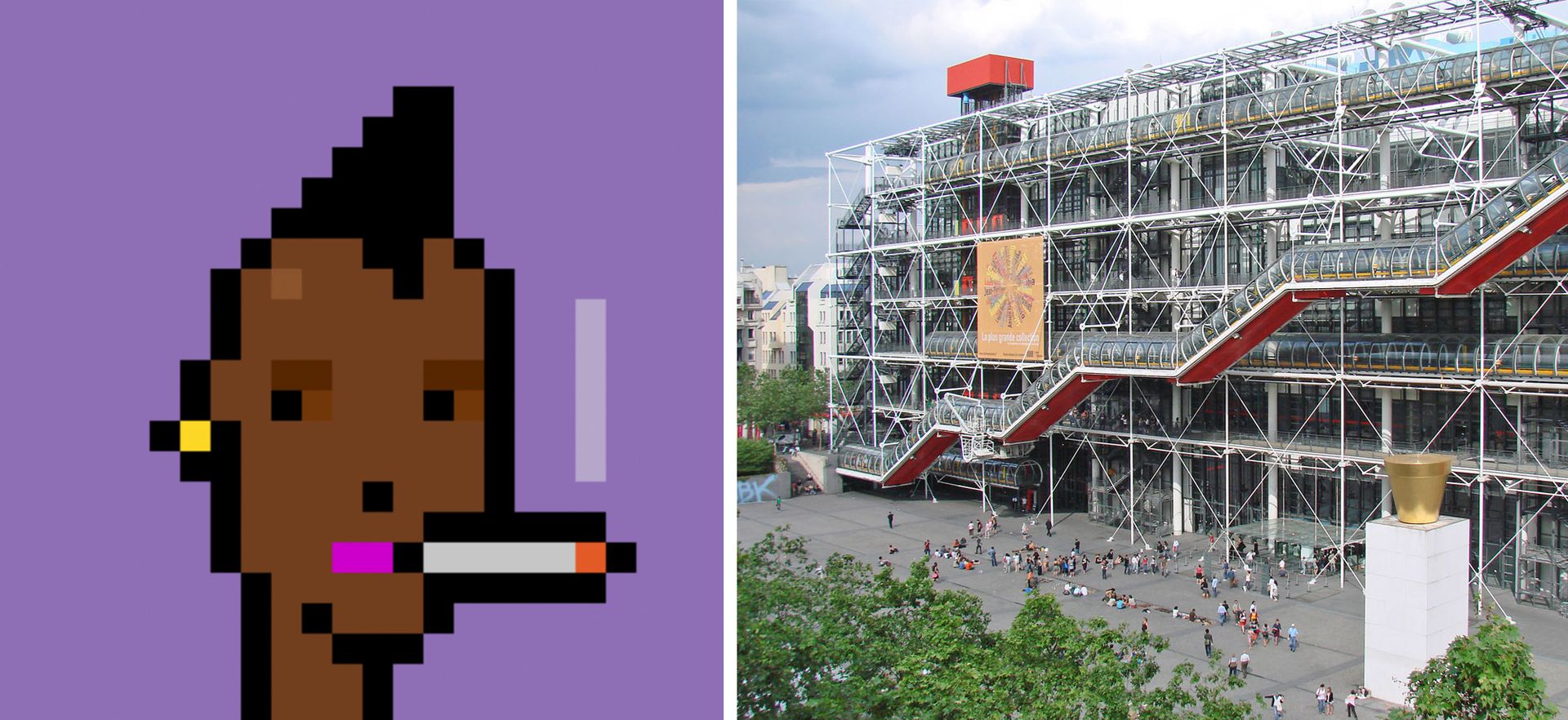 Eighteen NFTs, including Larva Labs's CryptoPunk #110 (left) have been acquired by the Centre Pompidou in Paris (right) CryptoPunk: courtesy of Centre Pompidou; Pompidou: Jean-Pierre Dalbéra