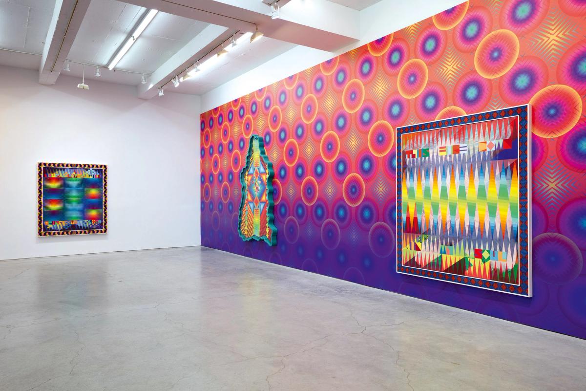 Vivid murals and paintings in Gibson’s 2023 exhibition, Ancestral Superbloom Photo: Jason Wyche