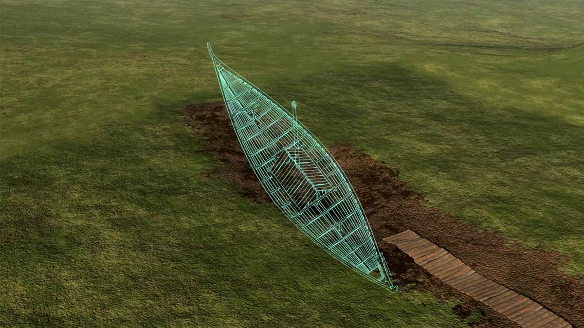 A digital reconstruction of what the Viking ship under the ground may look like Still from video: © NIKU, Norway, from Antiquity Publications Ltd.