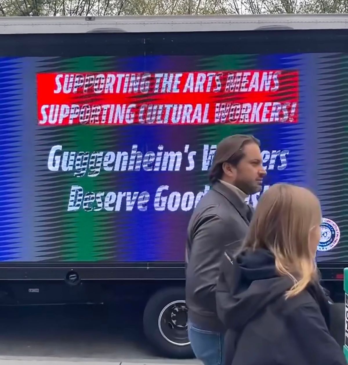 A billboard truck parked outside the Guggenheim Museum on 19 April broadcasts messages of solidarity during a worker rally Courtesy International Union of Operating Engineers Local 30