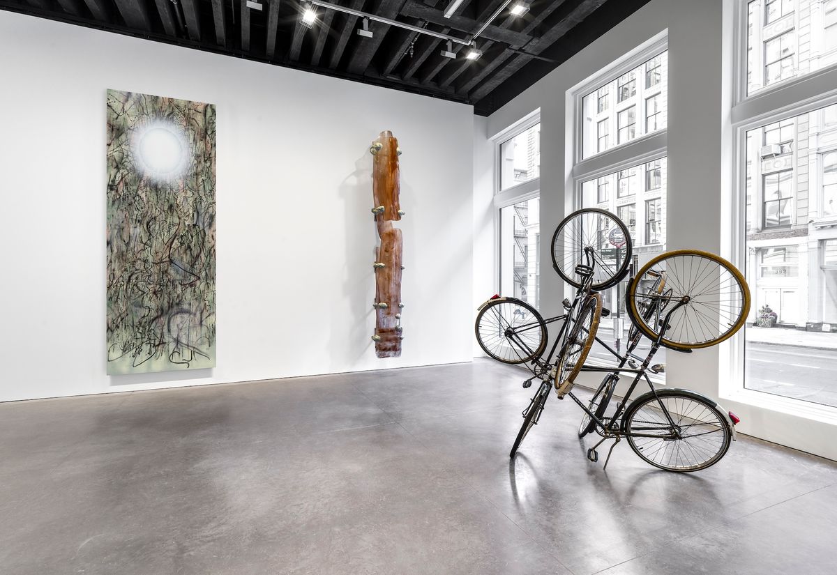 The inaugural exhibition at Marian Goodman Gallery's new space in Tribeca includes works by (from left to right) Julie Mehretu, Nairy Baghramian and Gabriel Orozco Courtesy Marian Goodman Gallery, New York, 2024. Photo: Alex Yudzon.