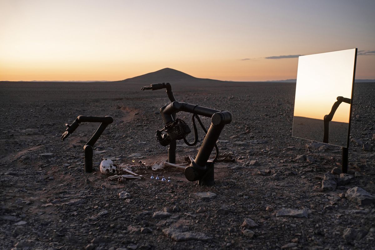 Huyghe’s video Camata (2024) is re-edited in real time using sensors located in the exhibition space Collection Maja Hoffmann/Luma Foundation; Courtesy the artist;© Pierre Huyghe, represented by ProLitteris (CH)/ADAGP (FR)