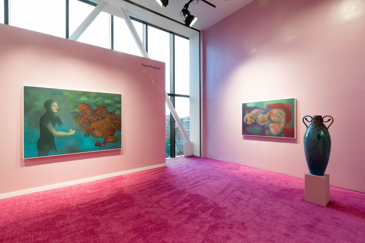 Insallation of paintings and sculpture by Jeremy in the Peres Projects stand at Independent New York Courtesy Peres Projects. © Jeremy