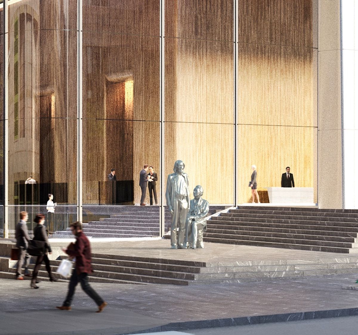 Rendering of the southeast corner of Manhattan West, featuring artwork by Charles Ray Courtesy Brookfield Properties and Charles Ray.

