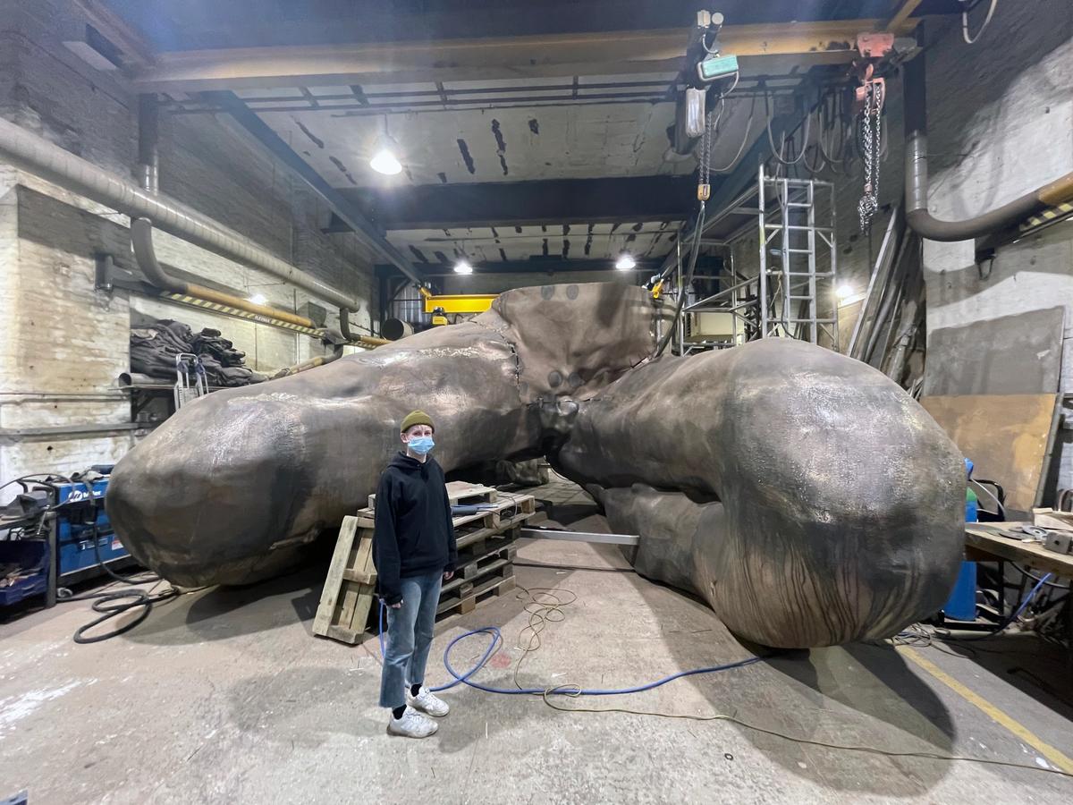 The bottom section of Tracey Emin's The Mother at AB Fine Art Foundry in London. The foundry's Chloe Hughes, who is in the foreground, gives a sense of scale of the sculpture Photo: Harry Weller. Courtesy of Tracey Emin Studio