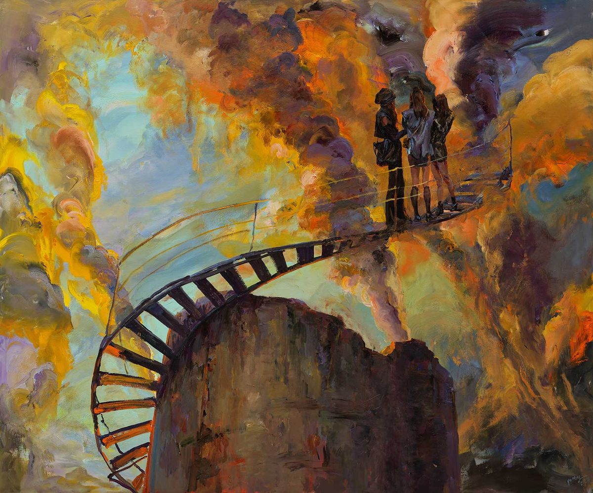 Metropolis Island (2024) is one of Yu Hong’s new paintings that draw inspiration from the decaying seaside structures depicted in the Swiss artist Arnold Böcklin’s late 19th-century work Island of the Dead
© the artist, courtesy of Lisson Gallery