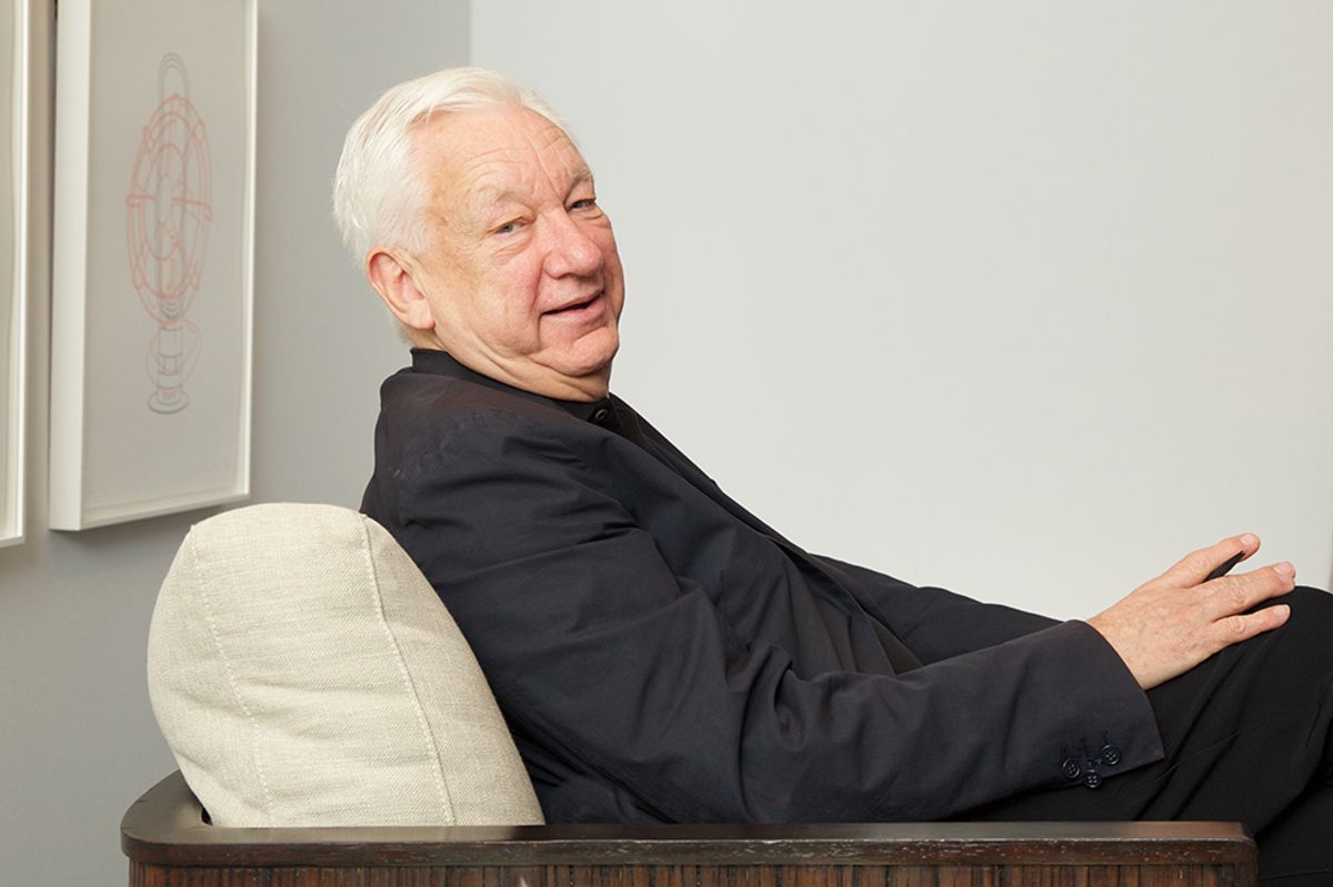 Michael Craig-Martin at the Gallery at Windsor, in front of a piece from his print series Then and Now (2017) Photo: David Cowan