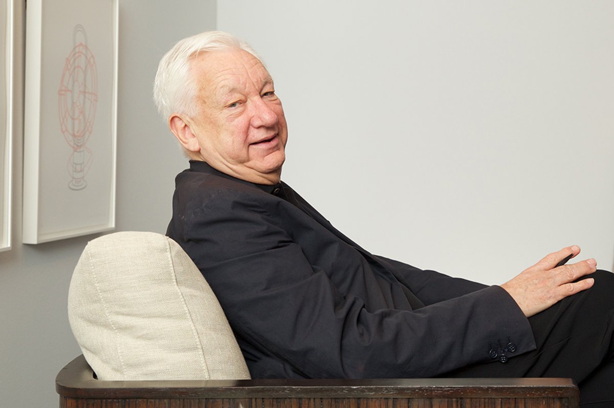 Michael Craig-Martin at the Gallery at Windsor, in front of a piece from his print series Then and Now (2017) Photo: David Cowan