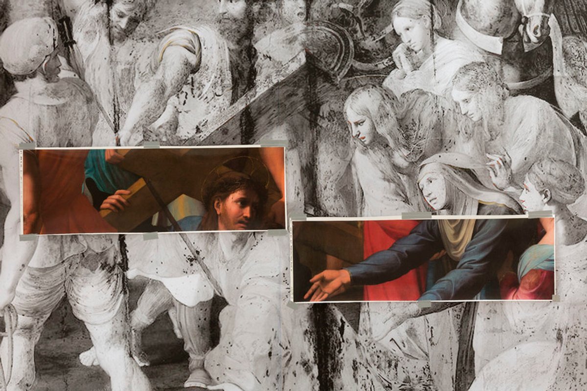 Factum Foundation's print tests to achieve the most accurate colour for a facsimile for Raphael's Christ Falling on the Way to Calvary, also known as Lo Spasimo © Oak Taylor-Smith for Factum Foundation