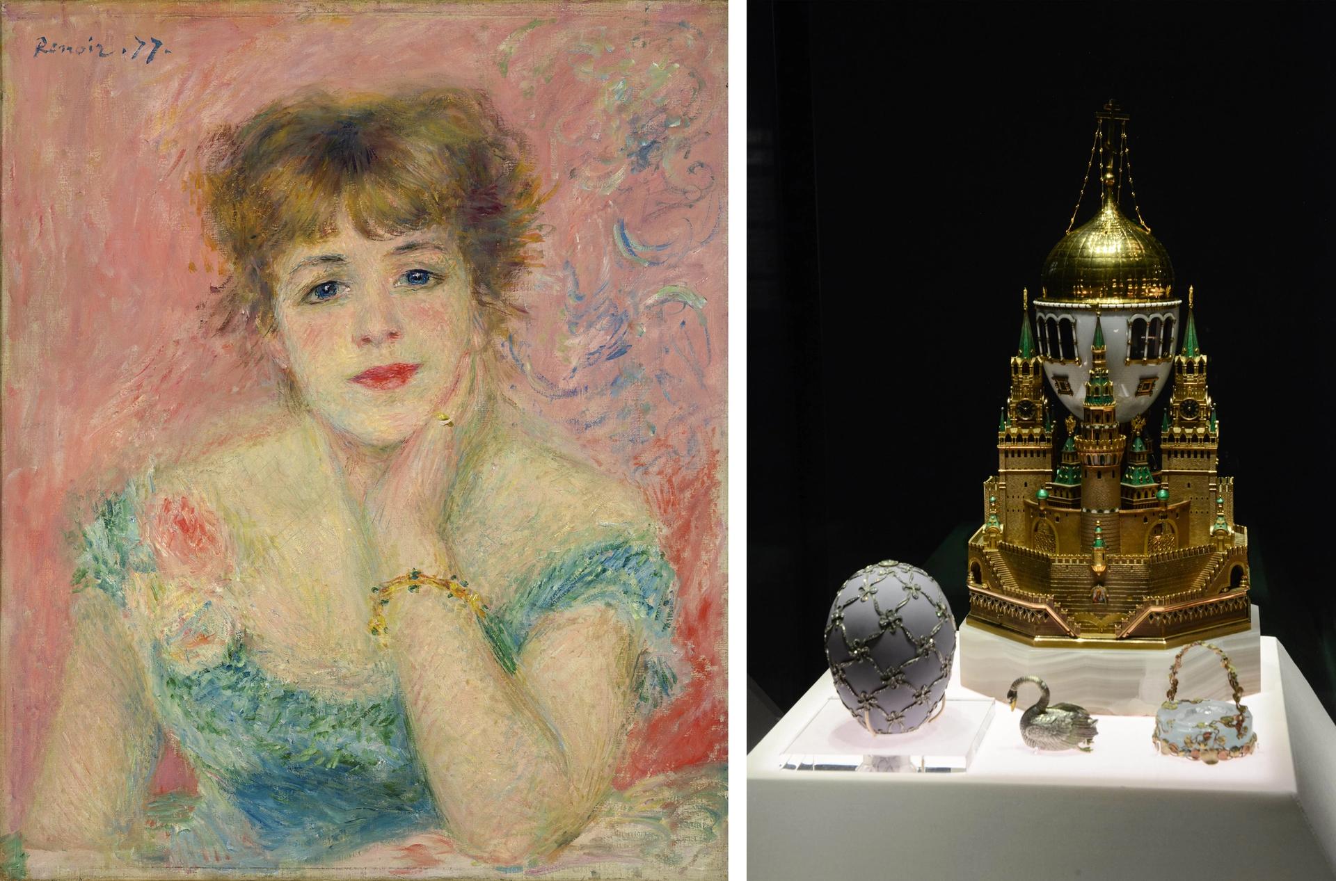 A number of Russian treasures are currently held in exhibitions abroad, including Portrait of Jeanne Samary (La Reverie) (1877) by Pierre-Auguste Renoir (left), which is in a show at Fondation Louis Vuitton in Paris, and the Moscow Kremlin Egg (1906) and other items by Fabergé (right), which is on view at the Victoria and Albert Museum in London Renoir: Pushkin Museum of Fine Arts; Fabergé: V&A © The Moscow Kremlin Museums