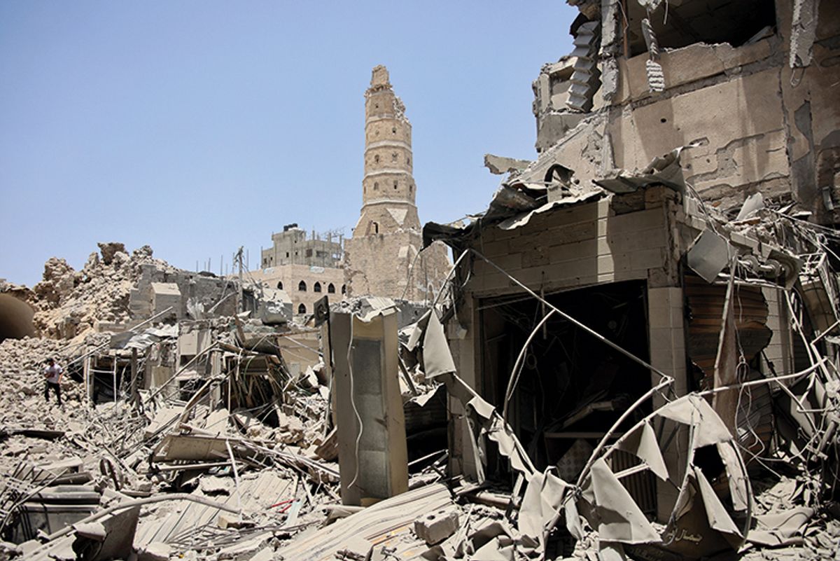 Aliph is assessing damage to the seventh-century Al Omari Mosque in Gaza City Photo: Omar Al-Qattaa; AFP via Getty Images