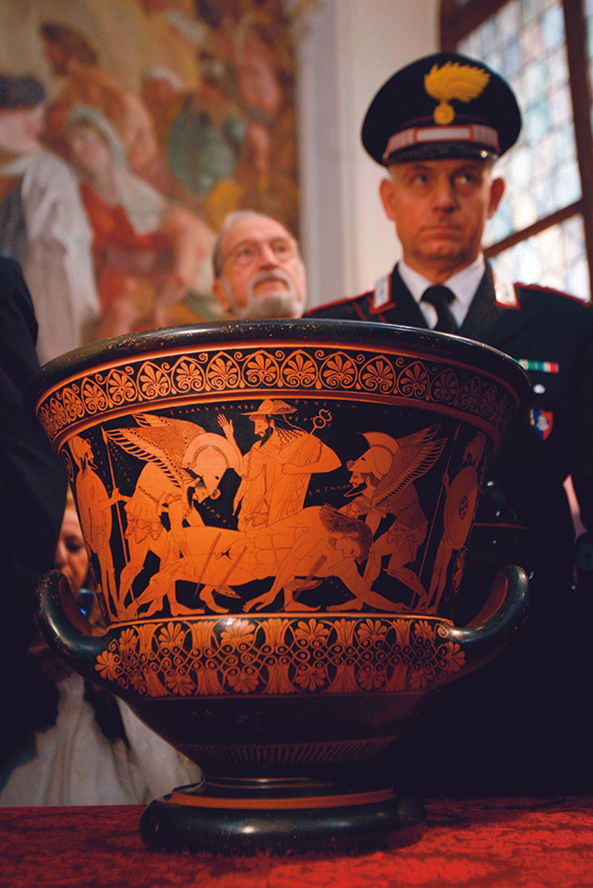 The Etruscan Euphronios Krater (515BC) was returned to Italy in 2008 by the Metropolitan Museum of Art; Monsignor Michele Basso owned an apparent copy of the precious, controversial Greek vase

Photo: Dario Pignatelli/REUTERS