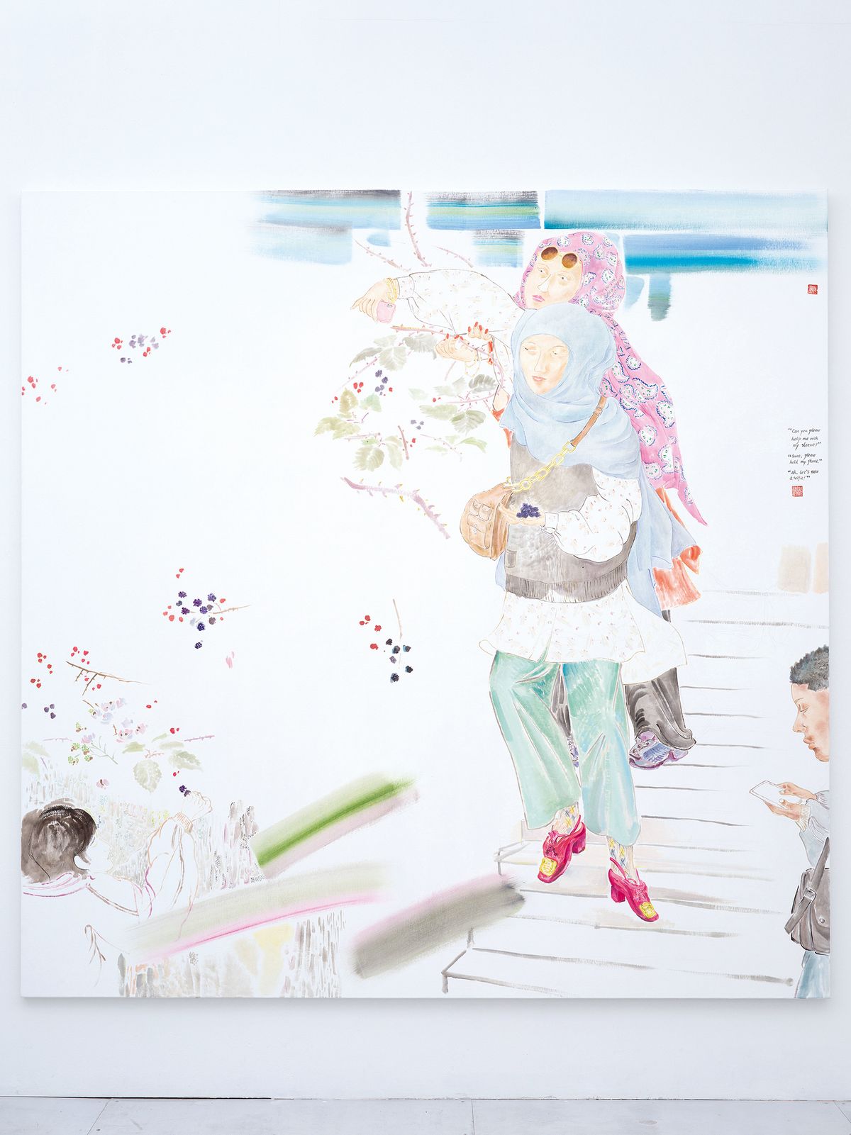 Evelyn Taocheng Wang, Black Berries of Turkish Women (2023), Kayokoyuki, Tokyo A migrant who moved from Asia to Europe for university, Evelyn Taocheng Wang makes pale, faint paintings that feel almost diaristic. She preserves these moments of mundanity by painting her subjects either as the central images or as tiny compositions found within larger abstractions Courtesy of Evelyn Taocheng Wang and Kayokoyuki and Kayokoyuki