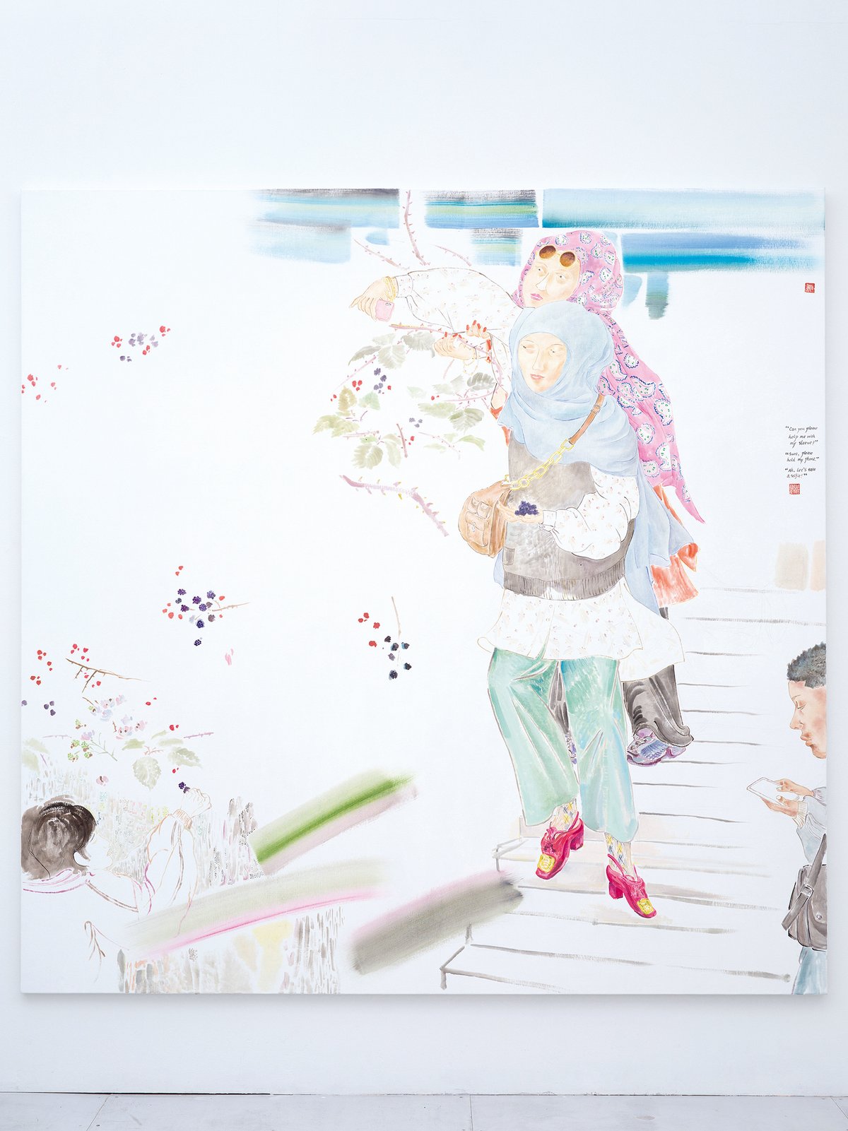 Evelyn Taocheng Wang, Black Berries of Turkish Women (2023), Kayokoyuki, Tokyo A migrant who moved from Asia to Europe for university, Evelyn Taocheng Wang makes pale, faint paintings that feel almost diaristic. She preserves these moments of mundanity by painting her subjects either as the central images or as tiny compositions found within larger abstractions Courtesy of Evelyn Taocheng Wang and Kayokoyuki and Kayokoyuki