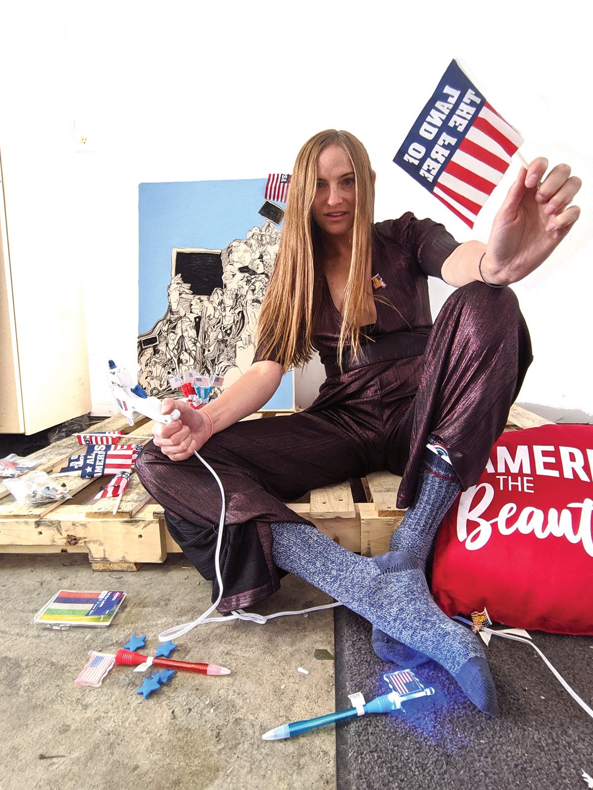 In The Next American President, Gretchen Andrew uses the inspiration of mood boards to develop ideas and themes exploring her ideal qualities for a leader: “a kind, democracy-respecting, loving person” Courtesy of the artist