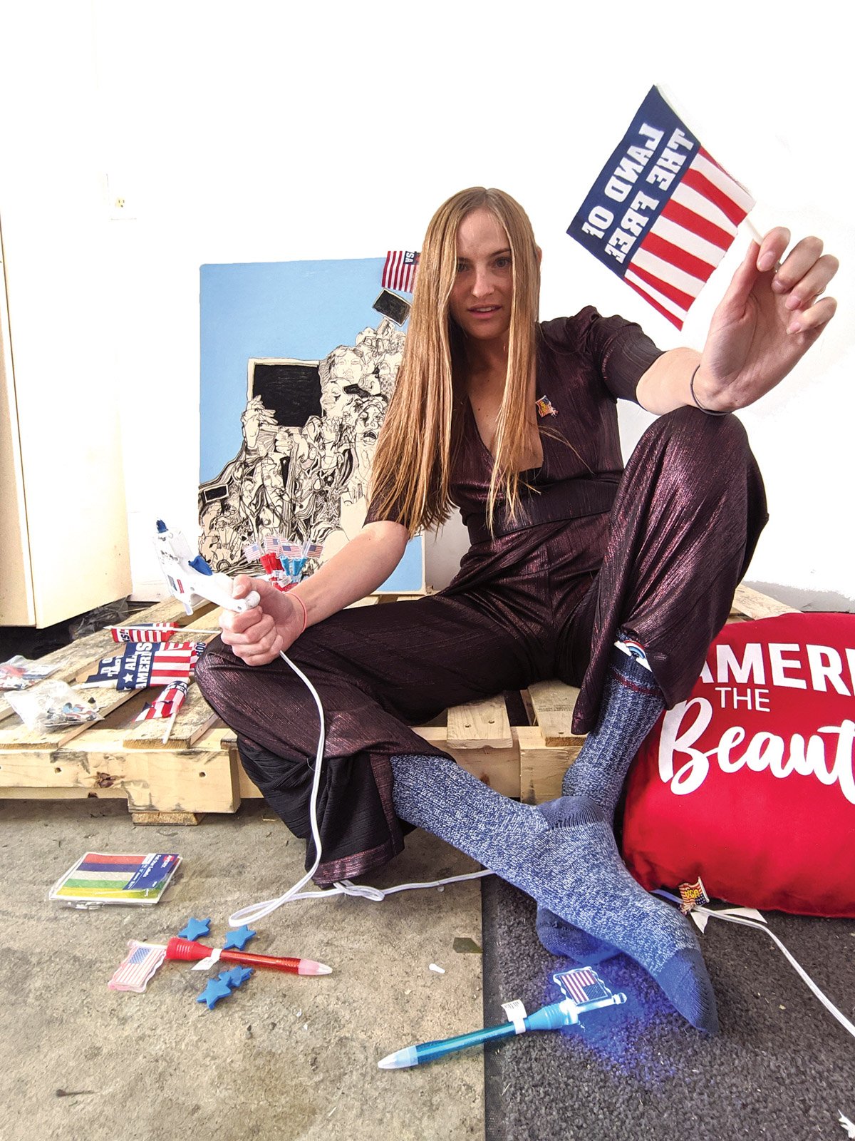 In The Next American President, Gretchen Andrew uses the inspiration of mood boards to develop ideas and themes exploring her ideal qualities for a leader: “a kind, democracy-respecting, loving person” Courtesy of the artist