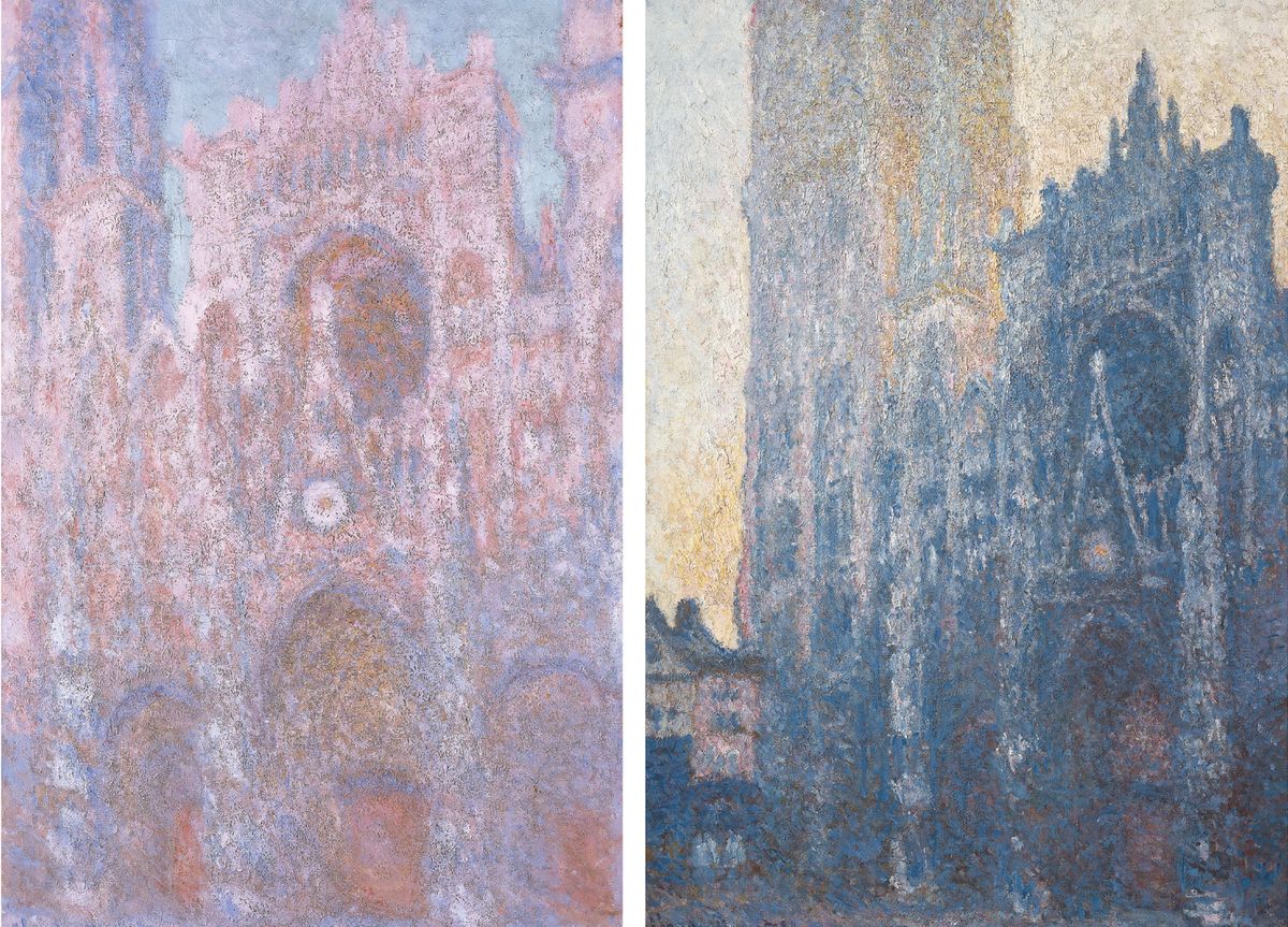 Two scenes from Claude Monet’s fascination with Rouen cathedral: at sunset (1892-94) and in the morning (1894) Monet at sunset: National Museum Wales. Monet in morning: Fondation Beyeler; photo: Robert Bayer