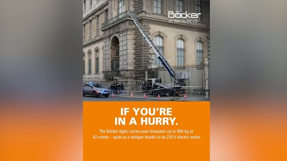 The ad, posted by manufacturer Böcker Maschinenwerke, features the cherry picker used in the Louvre robbery
Credit: Instagram / @boeckermaschinenwerke