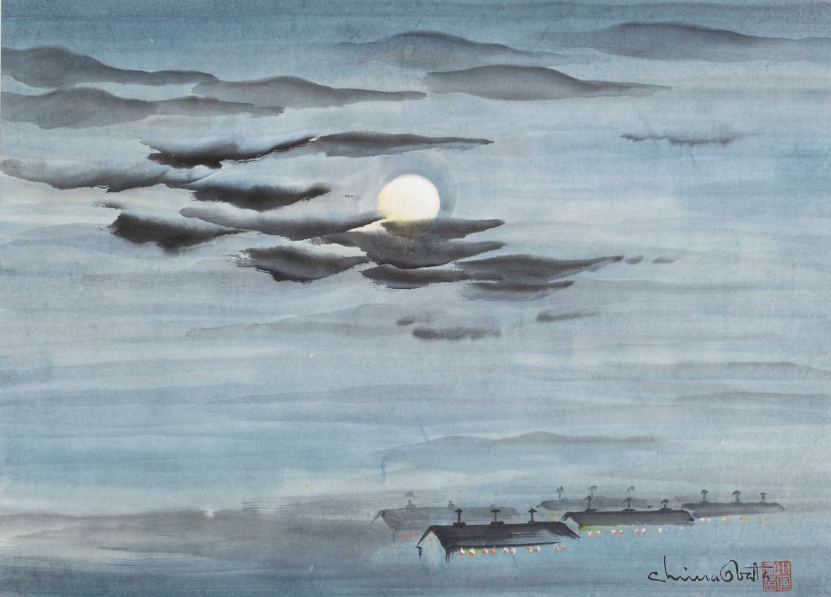 Chiura Obata, Topaz War Relocation Center by Moonlight (1943) Courtesy the estate of Chiura Obata and the Utah Museum of Fine Arts