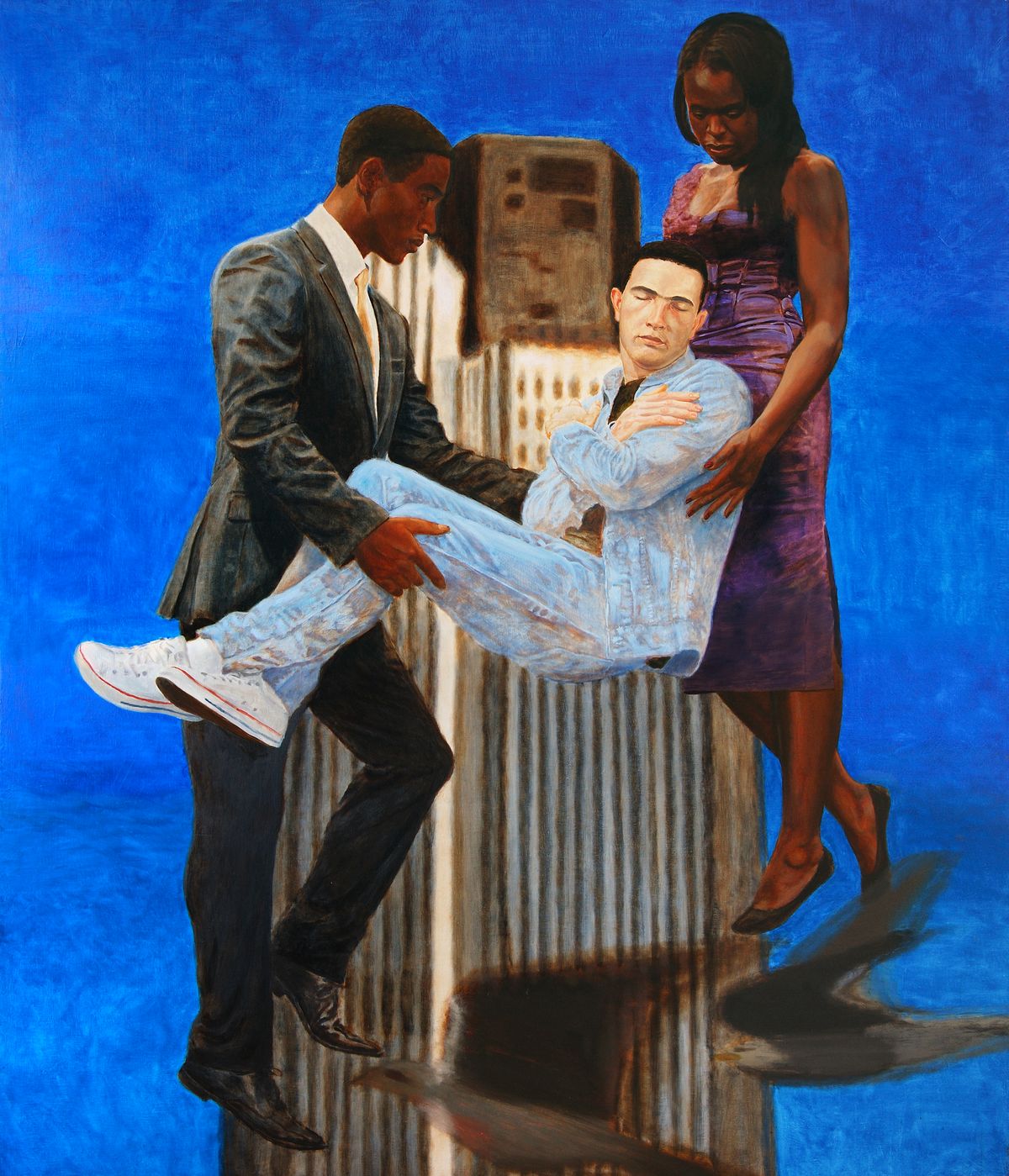 Kimathi Donkor, Jean Charles Menenzes borne aloft by Joy Gardner and Stephen Lawrence, 2010 Courtesy the artist, Niru Ratnam, and Independent New York