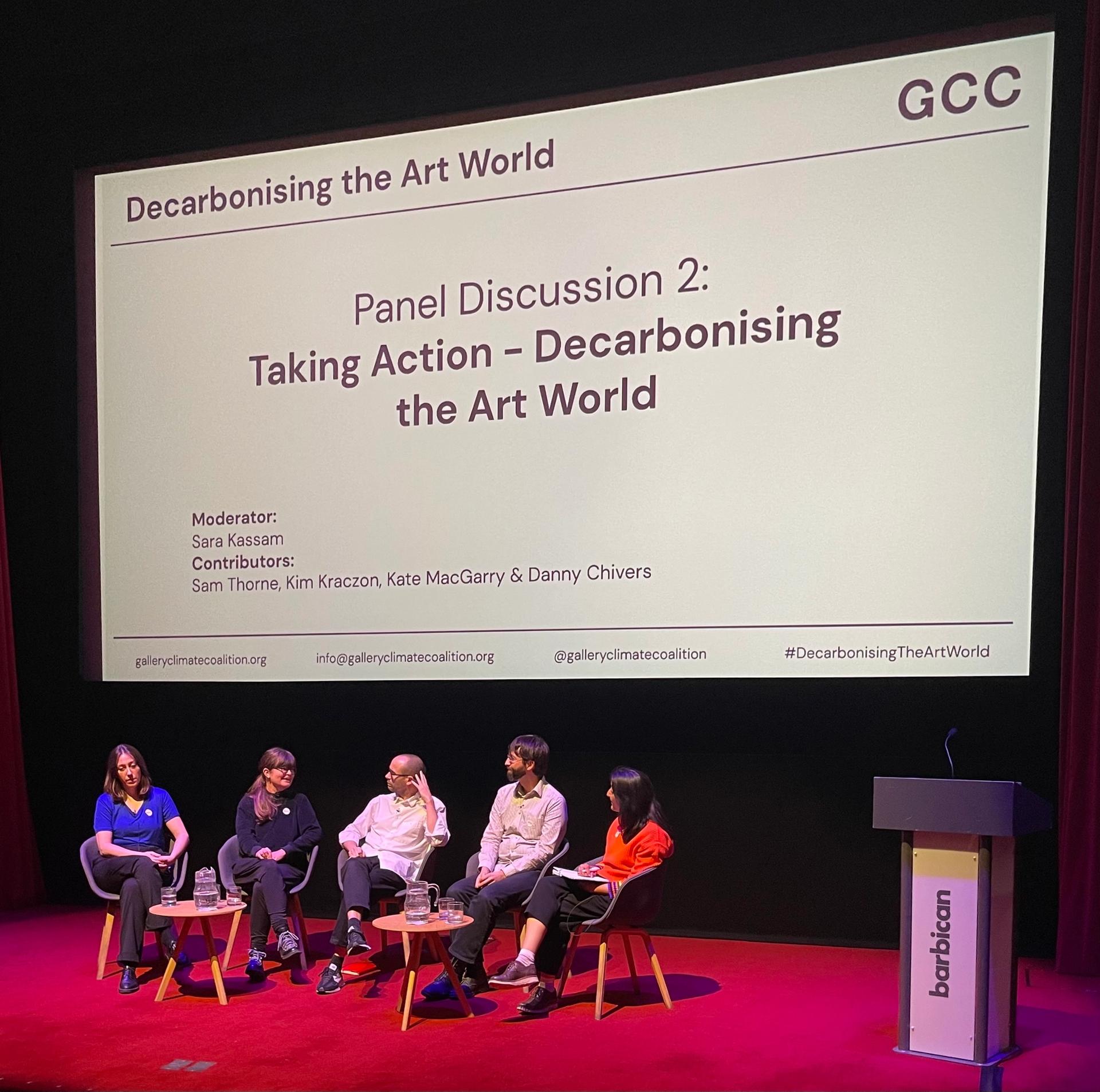 A panel at the Gallery Climate Coalition conference in London. From left to right: Kim Kraczon, Kate MacGarry, Sam Thorne, Danny Chivers, Sara Kassam. 