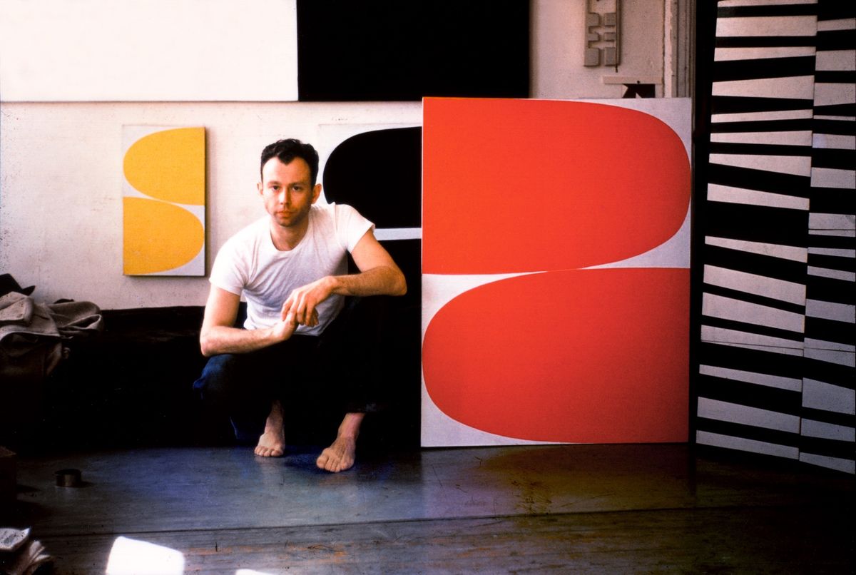 1955: Kelly poses with recent paintings inside his studio on Broad Street in Lower Manhattan
Photo courtesy and © Ellsworth Kelly Foundation