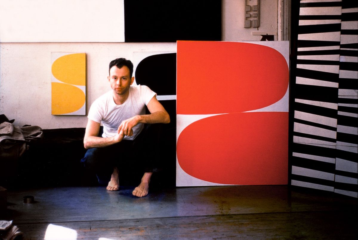 1955: Kelly poses with recent paintings inside his studio on Broad Street in Lower Manhattan
Photo courtesy and © Ellsworth Kelly Foundation