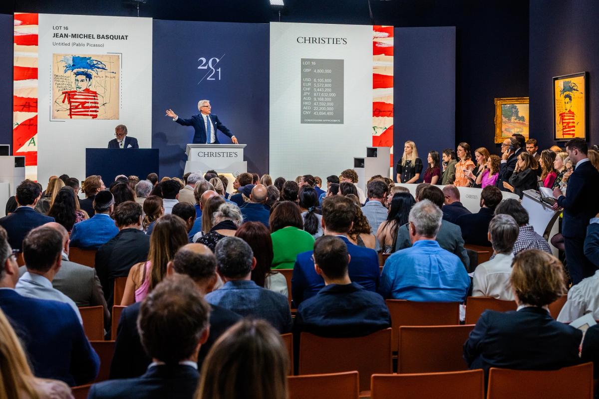 Christie's auctioneer Jussi Pylkkänen leading Christie’s 20/21 evening sale in London on 28 June Courtesy of Christie's
