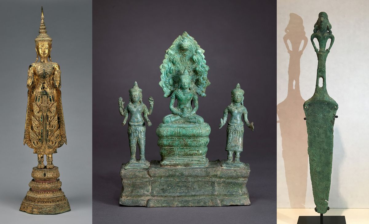 Objects being repatriated by the Denver Art Museum including: at left, Standing Buddha in Royal Attire, Thailand, around 1800; centre, Buddhist triad, Khmer, Cambodia, 13th century; right, Dagger, Dongson, 300BCE-200CE Denver Art Museum