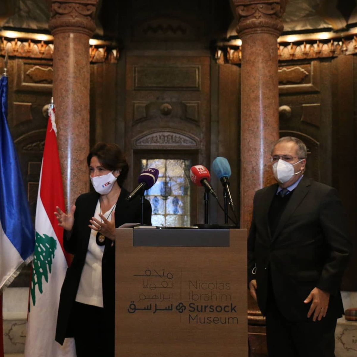 France's ambassador to Lebanon, Anne Grillo (left), has announced a grant of €500,000 from the French culture ministry to support the Sursock Museum's recovery after the Beirut explosion on 4 August 2020 Photo: Rowina Bou-Harb