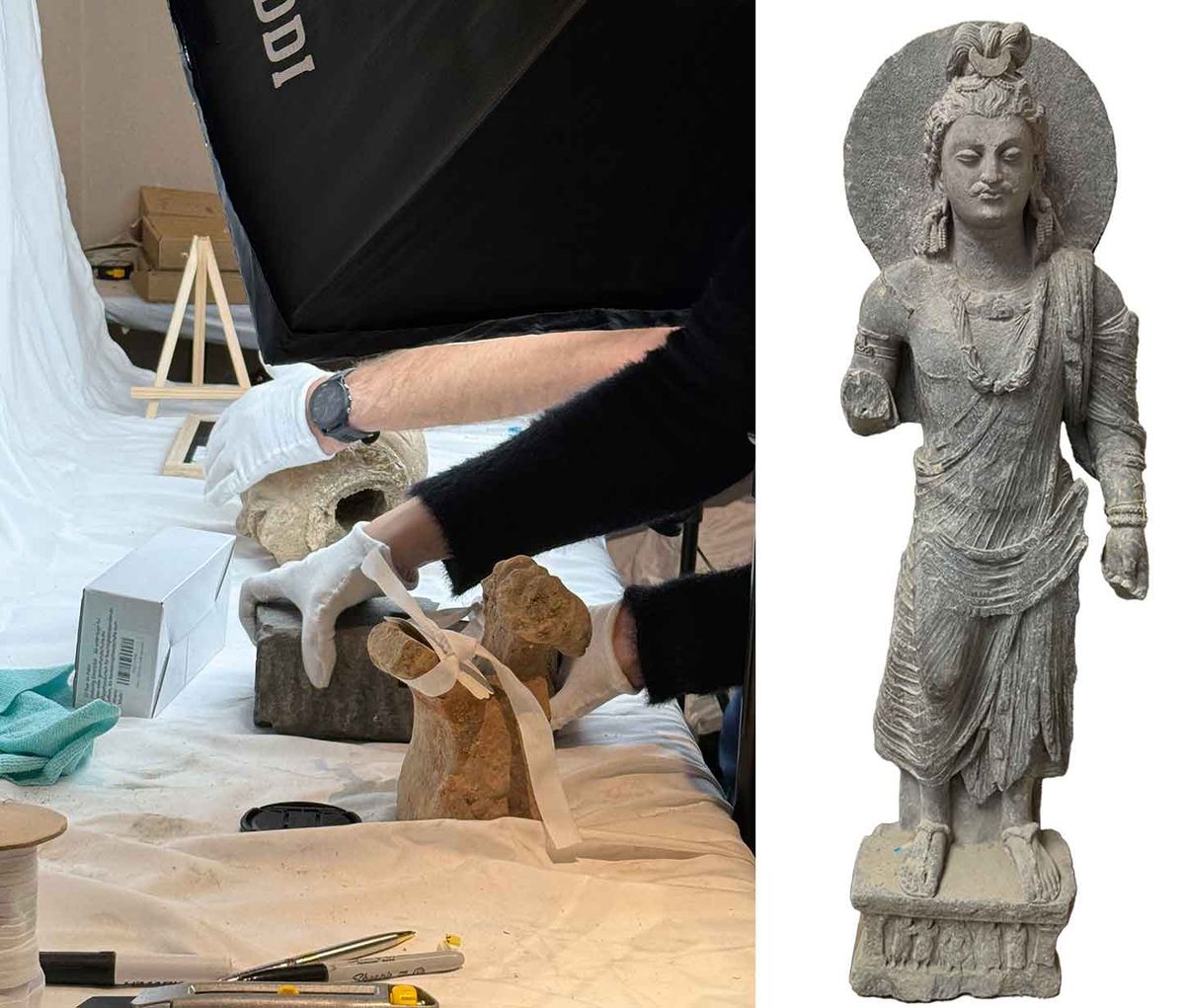 Left: the Heritage Crime Task Force forensic team meticulously investigates recovered items such as statues and friezes. Right: a Gandhara-style Bodhisattva statue was handed over to the police 

Photos: Sarvy Geranpayeh 