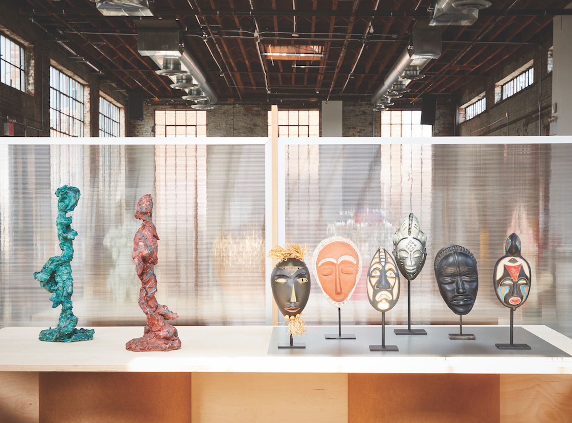 Sculptures by Rebecca Warren shown by Matthew Marks and masks shown by Magen H by Roger Capron, Colette Gueden, Jaque Sagan, and R Weil Object & Thing