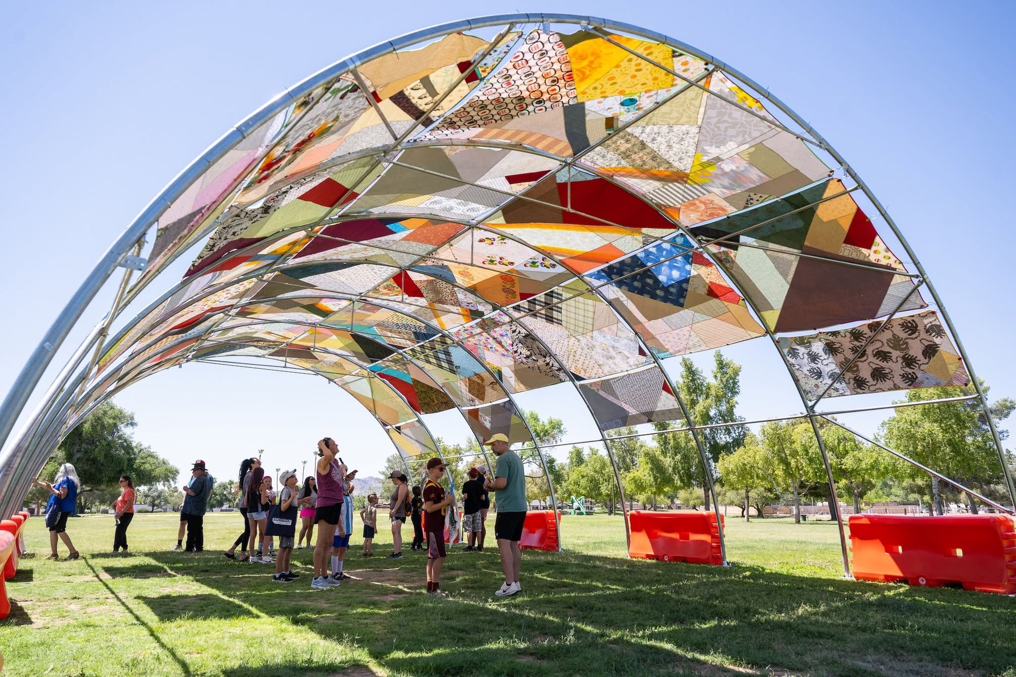 Luke Haynes's Quilt Architecture (2025), part of ¡Sombra!, a public art project in Phoenix to provide sculptural shade structures that was supported by the Phoenix Office of Arts and Culture Photo: © Nate Watters, 2025, courtesy of the City of Phoenix