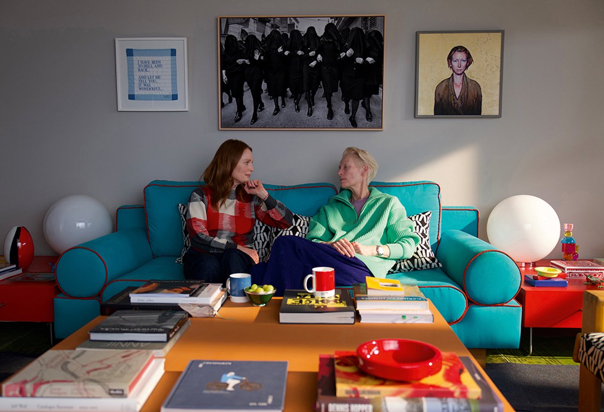 Julianne Moore and Tilda Swinton in The Room Next Door. Moore’s pronunciation of Lytton Strachey’s name has been queried 2024 Warner Bros Entertainment Inc